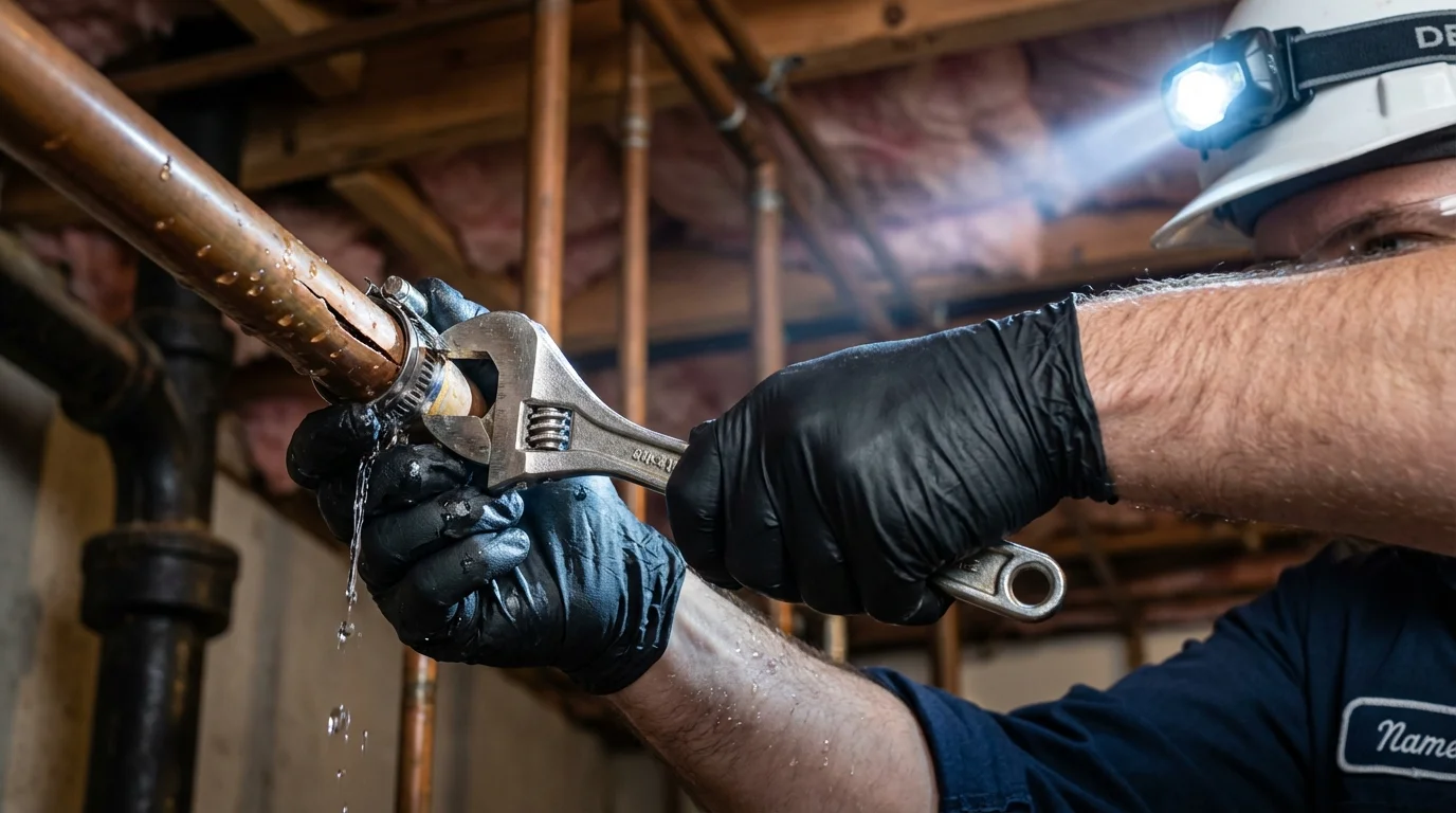 Emergency pipe clamp repair being performed by a Johns Plumbing LLC plumber in Altamont