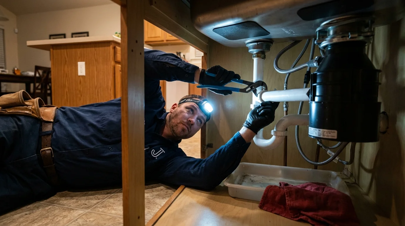 P-trap and supply line connections under a kitchen sink showing a common leak point in Altamont, TN