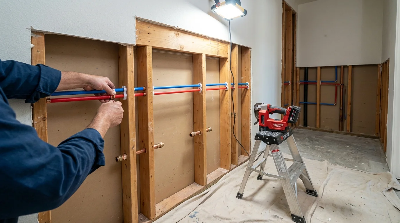 Old galvanized pipes being replaced with modern PEX piping during a whole-house repipe in Altamont, TN